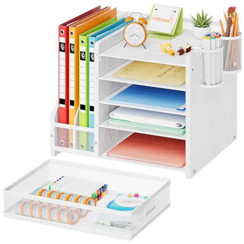 Marbrasse Desk Organizer with File Holder, 5-Tier Paper Letter Tray Organizer with Drawer and 2 Pen Holder, Mesh Desktop Organizer and Storage with Magazine Holder for Office Supplies (Wood-White) - color: Wood-White