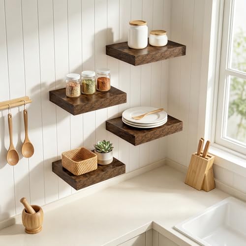 RICHFOCUS 8 Inch Floating Shelves for Wall Small Square Shelves Set for Bedroom|Kitchen|Bathroom|Wall Mounted Rustic Wood Floating Shelf with Invisible Brackets for Books|Storage|Decor, Rustic Brown - color: Rustic Brown, size: 8"L x 8"D, Set of 4