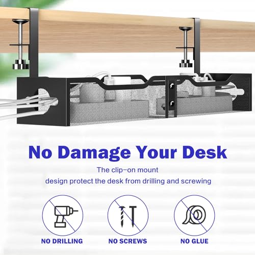 Under Desk Cable Management Tray 25.12", Extra Large Cable Management No Drill, Extended Cord Organizer with Adjustable Clamps, White