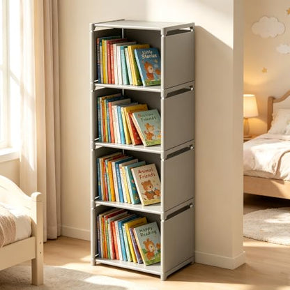 RIIPOO Book Shelf, 4-Cube Storage Organizer, Metal & Fabric Bookcase for Small Spaces, Bedroom, Living Room - style: 4-Cube