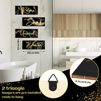 Yulejo 4 Pcs Black and Gold Bathroom Decor Black Gold Wall Decor Relax Soak Unwind Breathe Wall Art Wooden Sign Rustic Marble Bathroom Accessories for Women Living Room Bedroom Home Laundry (10 x 4)