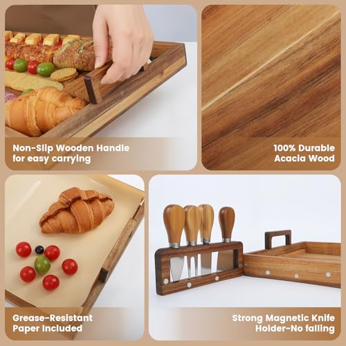 Large Charcuterie Boards with Cheese Knife Set,30 x 12 Inch Acacia Wood Serving Tray with Handles,Long Wooden Charcuterie Board with 30Pcs Wax Paper,Large Cheese Board Gift Set - size: 30 Inches
