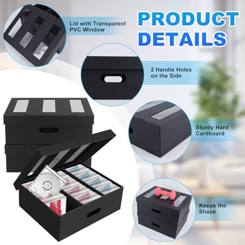 AOBOPLE CD Storage Boxes,5 Pack Stackable CD Organizer Box with Lid,3-Compartment CD Case Holder with Clear Window,Totol Holds 450 Jewel Cases,16.22 x 12.48 x 5.91 inches Cardboard Media Storage - style: 5 Pack 3 Compartment