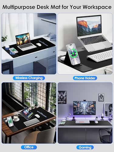 Wireless Charging Mouse Pad with Foldable Phone Holder, 15W Magnetic Fast Charging for iPhone Samsung, 31.5"x15.75" Large Desk Mat for Laptop/Keyboard, Waterproof Gaming Mousepad with Non-Slip Base - color: Magnetic+Phone Stand Black with PD Charger