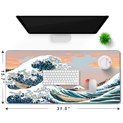 Japanese Large Mouse Pad, DeskMat Office Desk Pad, Extended Large MouseMat for PC, Stitched Edges Gamer Mousepad 31.5 X 15.7 Inch Long Mice Pad, Sunset Sea - color: Sunset Sea, size: 31.5" x 15.7"