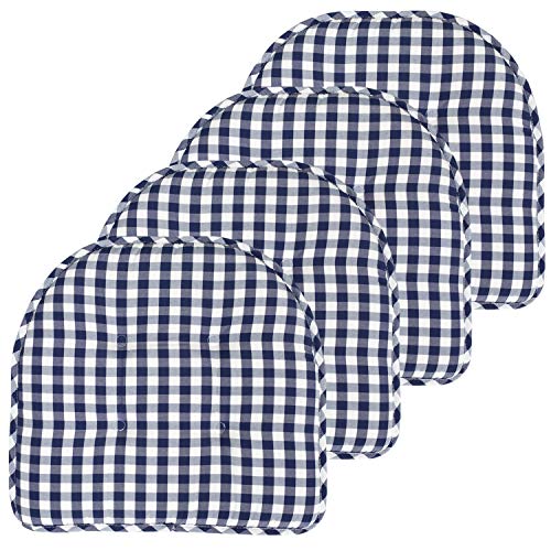 Sweet Home Collection Chair Cushion Memory Foam Pads Tufted Slip Non Skid Rubber Back U-Shaped 17" x 16" Seat Cover, 4 Count (Pack of 1), Checkered Navy/White - color: Checkered Navy/White, size: 4 Pack, style: Foam Pads