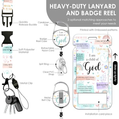 Christian Lanyards ID Badge, I am a Child of God ID Badge Holder with Retractable Reel Clip and Keychain, Heavy Duty Religious Identity Badge Cover Case Protector for Teacher Nurse - color: Christian-green