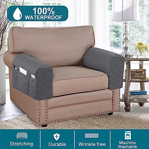 Turquoize 2 Pack Waterproof Armrest Covers for Chairs and Sofas Couch Arm Covers for Sofa Armrest Covers with Side Pocket Anti-Slip Furniture Protector Washable Armrest Slipcovers Set of 2, Gray - color: Single Diamond- Gray