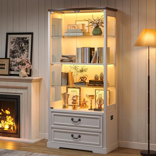 TAGELIER 67" Tall Glass Display Cabinet with Doors and 2 Storage Drawers | Sturdy Curio Cabinet with Adjustable Shelves, Smart Motion Sensor LED Lights for Living Room, Display Case for Collectibles - color: White