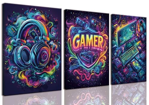 Yolbcdr Game Room Decor Video Game Canvas Wall Art Set of 3 Cool Gaming Poster Prints Gamer Sign Pictures Graffiti Gamepad Headphones Painting Wall Decor for Boys Bedroom 12x16in Framed - color: Colorful Gamer, size: 12"x16" Canvas