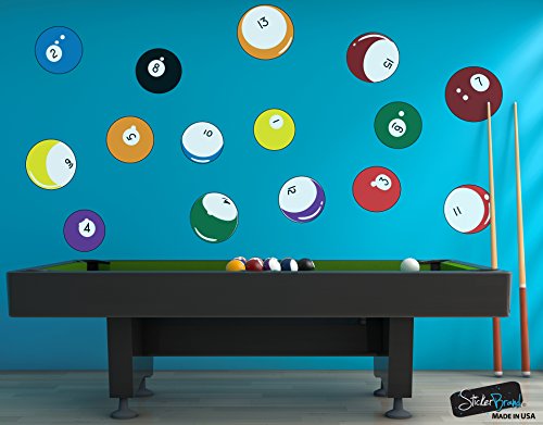 15 Billiard Balls Wall Decal Stickers Printed Graphic Game Room Decor Vinyl Wall Art. (All 15 Balls are 11 inches Around) #OS_MB130B. - size: All Balls are 11in in size.