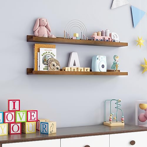 FLYJOE Picture Ledge Wall Shelves 36 inch Width Set of 2, Solid Pine Wood Rustic Floating Ledge Shelves for Wall for Kids' Room Bedroom Kitchen Bathroom Living Room Nursery Display Wall Decor, Walnut - color: Walnut, size: 36'', set of 2