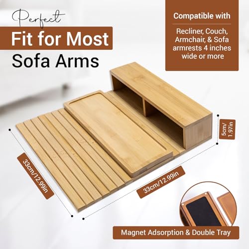 Couch Arm Tray - Bamboo Couch Table Armrest with Side Storage Pockets - Anti-Slip Multifunctional Sofa Snack Organizer for Drinks, Phone, Remote, and More (Natural)