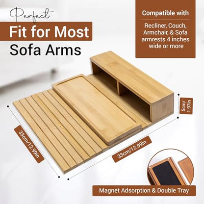 Couch Arm Tray - Bamboo Couch Table Armrest with Side Storage Pockets - Anti-Slip Multifunctional Sofa Snack Organizer for Drinks, Phone, Remote, and More (Natural)