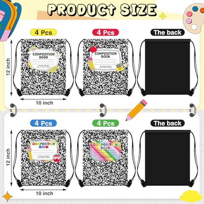 Yiyiring 16 Pcs Teacher Appreciation Drawstring Gift Bags, 12 x 10'' Composition Book Bag with 4 School Themed Designs Apples Pencils Gift Bags for Teacher End of Year Graduation Party (Composition) - style: Composition