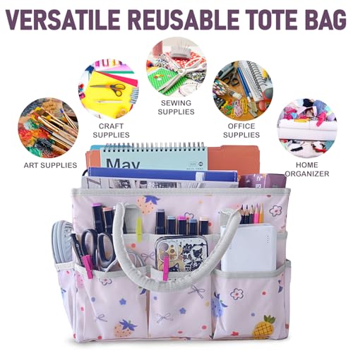 Cupohus Art Organizer Craft Storage Tote Bag with Pockets and Handles, Oxford Fabric Carrying Caddy for Teacher, Officer, Artist, Traveler, and More-Pink Fruit - color: Fruit Print