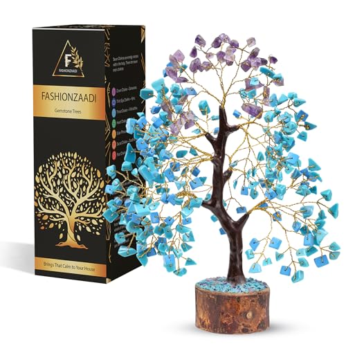 FASHIONZAADI Amethyst and Turquoise Crystal Tree of Life - Crystal Decor - Spiritual Gifts - Crystals Gifts for Women - Gemstones and Crystals - color: Turquoise & Amethyst Golden Wire