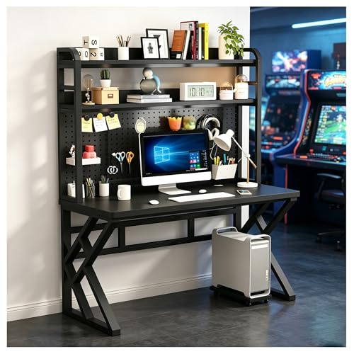 39.3in Gaming Desk with Bookshelf, Pegboard & Storage Shelves (Brown, 39.3in) - color: Brown, size: 39.3in