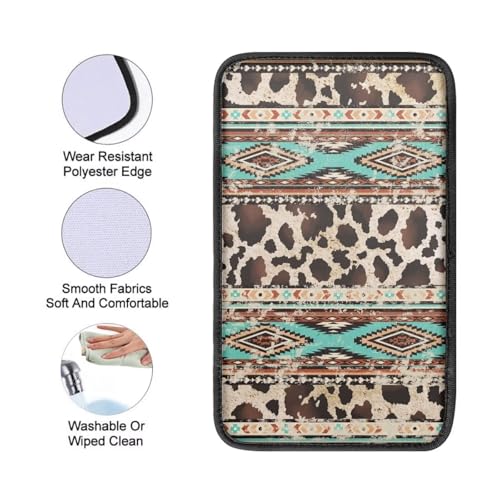 Wanyint Auto Center Console Pad, Easy to Install Armrest Cover, Car Accessories Fit Most Vehicles SUV Truck Van Sedans, Aztec Brown Cow Print Retro - color: Aztec Brown Cow Print Retro