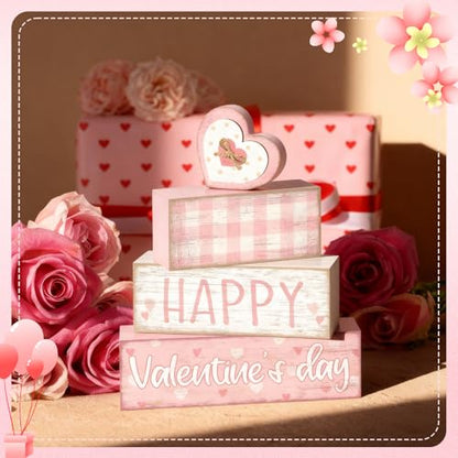 Britimes 4Pcs Valentine’s Day Table Decor Happy Valentine’s Day Pink Heart Tiered Tray Decorations Set Rustic Farmhouse Wooden Stack Block Signs Romantic Tabletop Decor for Table & Home Office Gift - style: Pink Happy Valentine