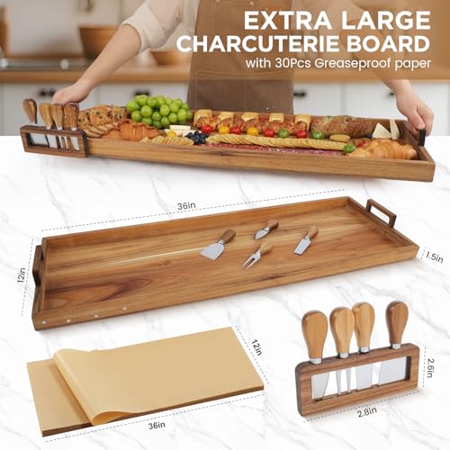 Large Charcuterie Board with Cheese Knife Set,36 x 12 Inch Acacia Wood Large Serving Tray with Handles,Long Wooden Serving Board with 30Pcs Wax Paper,3ft Extra Long Cheese Board - size: 36 Inches