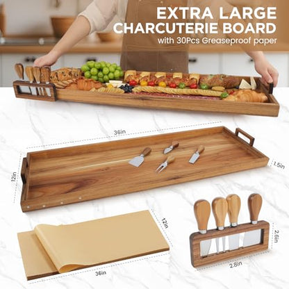 Large Charcuterie Board with Cheese Knife Set,36 x 12 Inch Acacia Wood Large Serving Tray with Handles,Long Wooden Serving Board with 30Pcs Wax Paper,3ft Extra Long Cheese Board - size: 36 Inches
