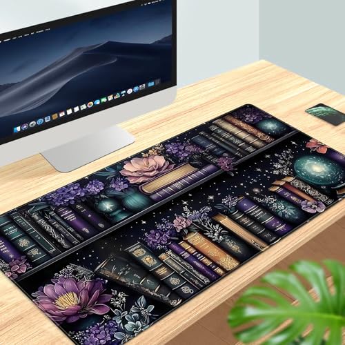 Purple Flowers Bookshelf Desk Mat Bookish Desk Pad Celestial Floral Books Large Mouse Pad XXL Extended Mousepad Aesthetic Keyboard Pad Crystal Globe Mouse Mat 31.5x15.7 in Office Decor for Women - color: Purple Flowers Bookshelf