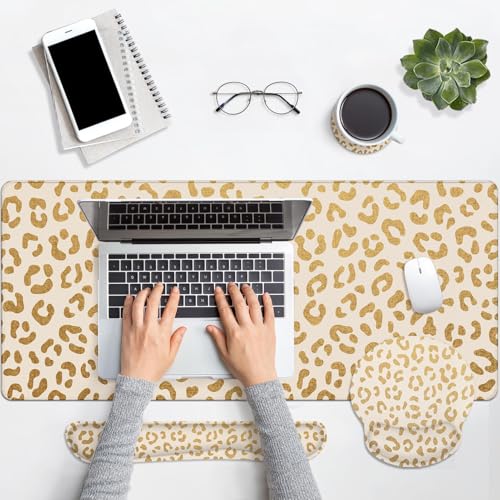 Arttown Leopard Desk Mat Gold Leopard Mouse Pad Set 4 in 1 Ergonomic Design Large Mouse Pad + Keyboard Wrist Rest + Mouse Wrist Rest + Coaster Suitable for Home Office Study Game - color: Gold Leopard