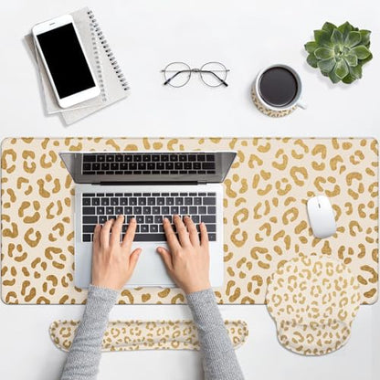 Arttown Leopard Desk Mat Gold Leopard Mouse Pad Set 4 in 1 Ergonomic Design Large Mouse Pad + Keyboard Wrist Rest + Mouse Wrist Rest + Coaster Suitable for Home Office Study Game - color: Gold Leopard