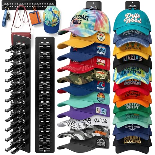 2 Pack Hat Organizer for Baseball Caps,Detachable DIY Hat Rack for Wall Hold Up to 22 Hats,Baseball Cap Organizer Cap Holder Hat Hangers for Wall Closet Door Bedroom (1A-Black) - color: Black