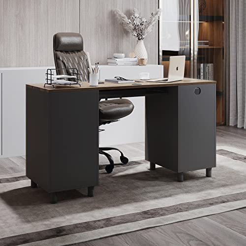 Modern Design Venice Computer Desk with Lockable Drawers, 53 Inch Home Office Desk with Storage Cabinet, Keyboard Tray & Cable Management, Modern Study Writing Desk for Small Spaces, Walnut and Black - color: Walnut Black