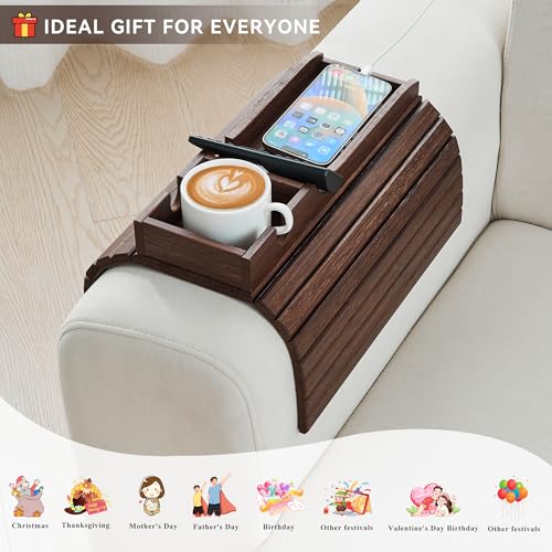 GEHE Bamboo Couch Cup Holder, Anti-Spill Sofa Arm Tray, Natural and Easy to Clean Couch Arm Cup Holder Armrest Tray Perfect for Cups, Beers, Snacks, Remote Control, Drinks - color: Brown