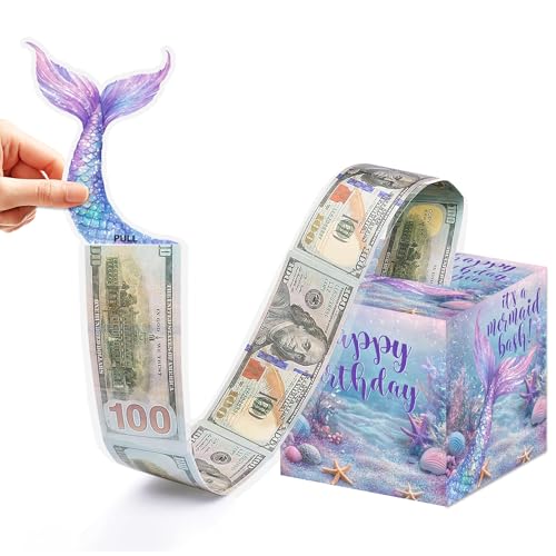 Mermaid Birthday Money Box for Cash Pull, Happy Birthday Boxes Gifts for Money Pull Out Card, 50Pcs Transparent Bags - color: Blue