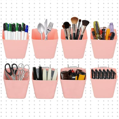 8 Pack Large Pegboard Bins with Hooks, Square Box Shape Peg Board Cups and Peg Board Accessories for Craft Room, Playroom, Office, Garage, and Wall Mount Organization (Pink) - color: Pink