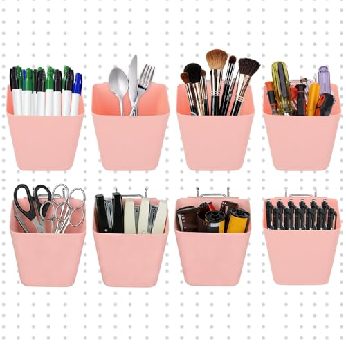 8 Pack Large Pegboard Bins with Hooks, Square Box Shape Peg Board Cups and Peg Board Accessories for Craft Room, Playroom, Office, Garage, and Wall Mount Organization (Pink) - color: Pink