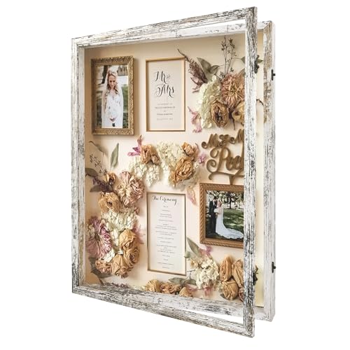 GraduatePro Shadow Box Frame 18x24 Display Case with Linen Back, Plexiglass Window Door with Hinge, Picture Frame Wedding Bouquet Memorabilia Medals Photos Memory Box for Keepsakes Rustic White - color: Rustic White, size: 18"x24" (45.7x61.0 cm)