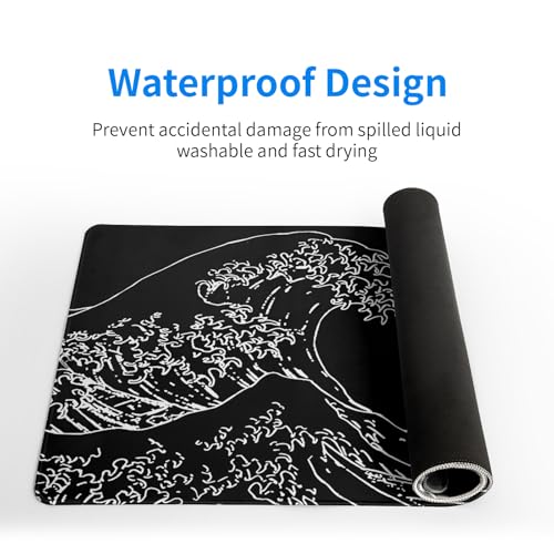 Japanese Sea Wave Gaming Mouse Pad 27.6x11.8 Inch Anime Black Large Mousepad Extended Kanagawa Mousepad Gaming Non-Slip Rubber Base Stitched Edges Keyboard Mouse Mat Desk Pad for Office Home Game - color: Black Wave of Kanagawa