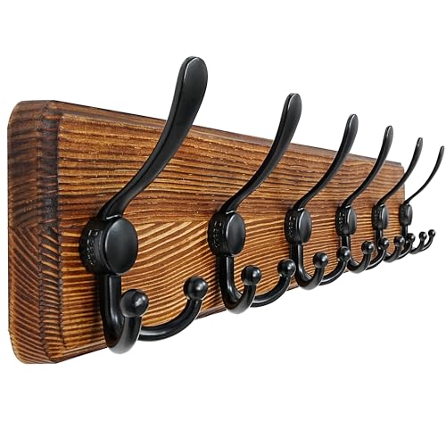 Dseap Coat Rack Wall Mounted - 24" Long 6 Tri Hooks, Heavy Duty Wooden Wall Coat Hanger Coat Hook for Clothes Hat Jacket Clothing, Natural and Black - color: Natural & Black, size: L=24"