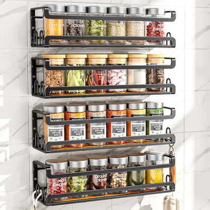 Doakhirmit Wall Mount Spice Rack, Black,4 Pack | 16 Hooks,Screw or Adhesive Installation , Hanging Organizer for Stove Cabinet Pantry Door Kitchen and RV Use - size: 4 Pack