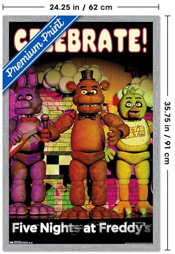 Five Nights at Freddy's - Celebrate Wall Poster, 34L" x 22.4W", Gray Framed Version - color: Gray Framed Version, size: 34"L x 22.4"W
