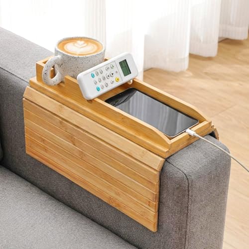 1 Pc 3 in 1 Couch Cup Holder Tray, 4.7X12.6Inch Couch Armrest Table Anti-Slip Sofa Armchair Caddy Table Couchs Arm Tray with Detachable Cup Holder Foldable Sofas Trays for Drinks Cellphone Snacks