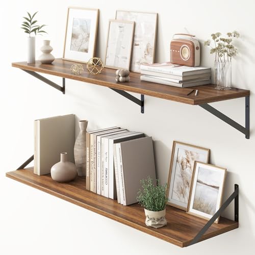 Floating Shelves 48 Inch Long, 10" Deep Floating Shelves, Walnut Wall Shelves 48 x 10, Set of 2, Wide Large Display Storage Shelves for Bathroom, Living Room, Rustic Wood Shelves with Brackets - color: Walnut, size: 48"W x 10"D