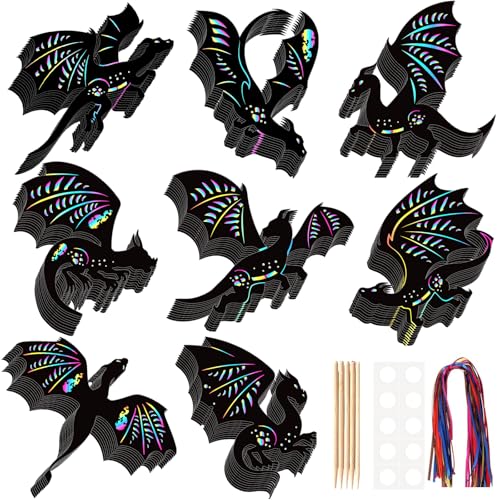 LUUFILx 80 Pcs Dragon Scratch Cards Dragon Birthday Party Decorations Colorful Rainbow Scratch Paper Art with Wooden Stylus for Birthday Party Classroom DIY Activities - style: Dragon