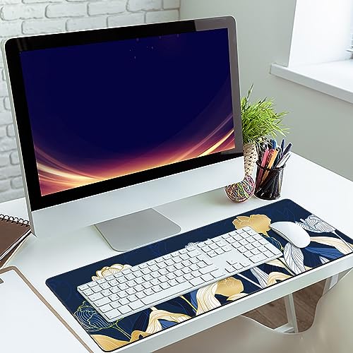 MIOAOSRT Desk Mat,Luxury Gold Tulip Flower Large Gaming Mouse Pad with Stitched Edges,Non-Slip Computer Mouse Pad for Desk,Extended XXL Keyboard and Mouse Pad 35.4x15.75 in - color: Luxury Gold Tulip Flower