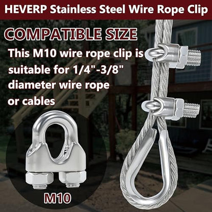 6PCS 3/8 Inches M10 Stainless Steel Wire Rope Cable Clip Clamp - size: M10 Clips-6PCS