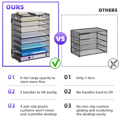 Marbrasse Paper Organizer Letter Tray, 9 Tier Mesh File Organizer with Handle, Paper Sorter Desk Organizer for Home Office Supplies - color: 9 Tier Black