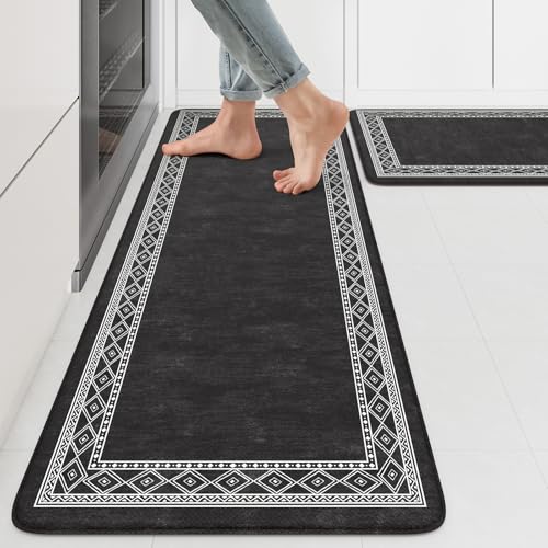 KIMODE Anti Fatigue Kitchen Mats 17"x47"+17"x29", Farmhouse Kitchen Rugs Sets of 2, Cushioned Non Skid Kitchen Mats for Floor, Comfort Kitchen Floor Mats for Sink Laundry Desk Black - color: Black/White, size: 17.3" x 47"+17.3" x 29"--0.47 inches