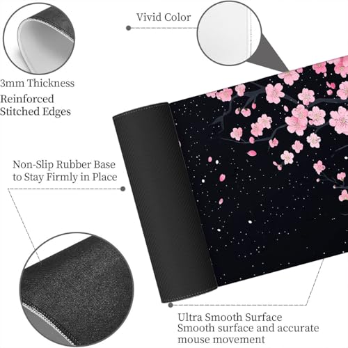 Cherry Blossom Mouse Pad Pink Moon Petal Night Sky Sakura Art Mousepad XL Large Gaming Mouse Pad Laptop Keyboard Mat Desk Pad Professional Desk Pad for Office Equipment 31.5x11.8 Inch - color: Cherry Blossom