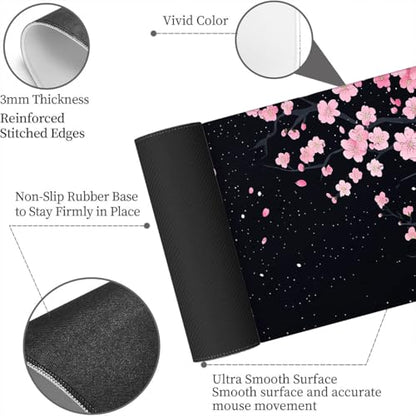 Cherry Blossom Mouse Pad Pink Moon Petal Night Sky Sakura Art Mousepad XL Large Gaming Mouse Pad Laptop Keyboard Mat Desk Pad Professional Desk Pad for Office Equipment 31.5x11.8 Inch - color: Cherry Blossom