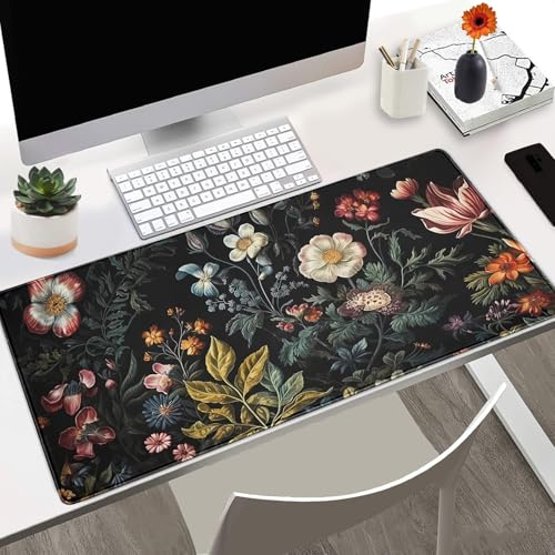Floral Desk Mat Dark Academia Vintage Aesthetic Desk Pad Flower Plant Large Gaming Mousepad Black Extended Mouse Pad XXL Laptop Computer Mouse Keyboard Mat 31.5 x 15.7 Office Desk Decor - color: A3- Cottagecore Floral